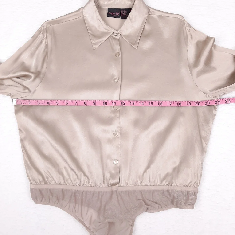 Shape FX 100% silk long sleeve button up shirt bodysuit champagne beige plus - Picture 3 of 8